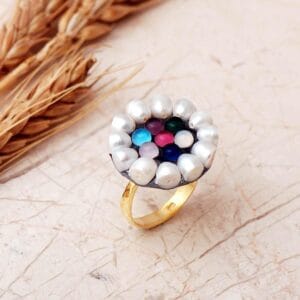 Handmade Pearl Colorful Quartz Gold Plated 925 Sterling Silver Ring