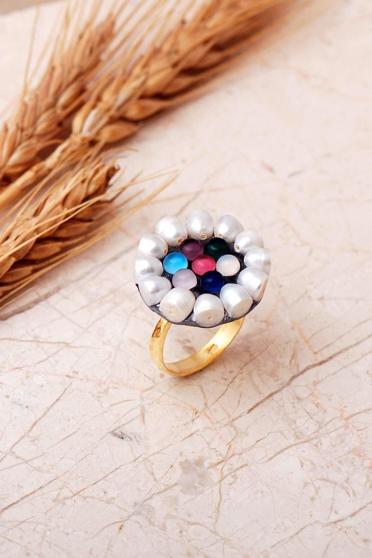 Handmade Pearl Colorful Quartz Gold Plated 925 Sterling Silver Ring