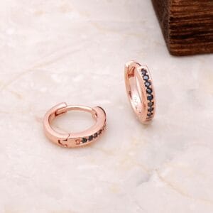 Handmade Black Sapphire Rose Gold Plated 925 Sterling Silver Mini Hoop Earrings 12mm