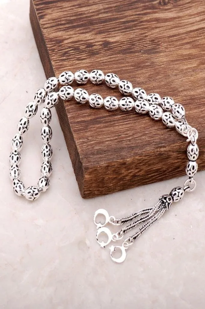 Handmade Crescent Star Filigree 925 Sterling Silver Prayer Beads Oxidized Tasbih Misbaha