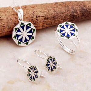 Handmade Floral Enamel Anatolian 925 Sterling Silver Jewelry Set