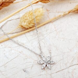 Handmade Lotus Flower Cubic Zirconia Pendant 925 Sterling Silver Necklace