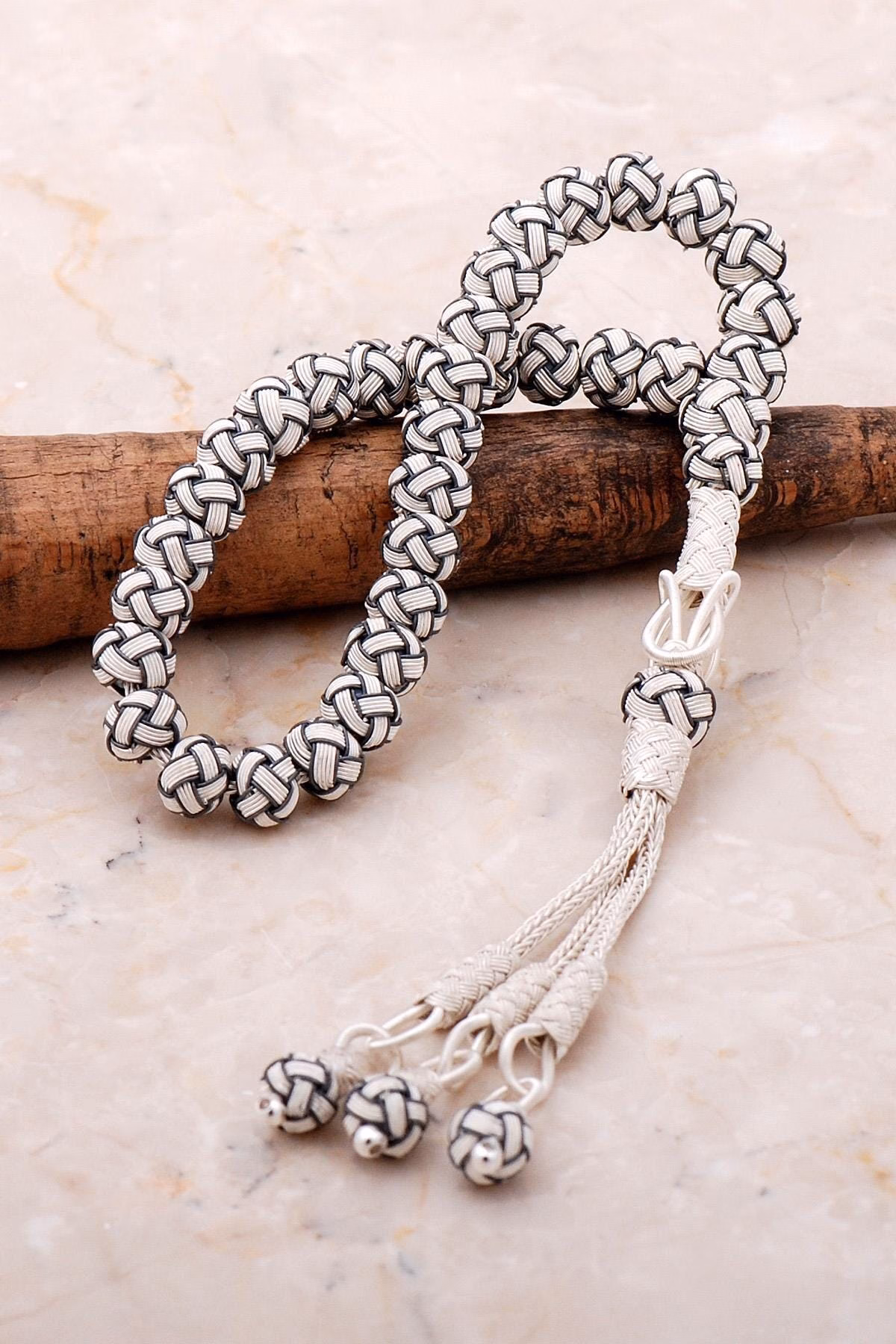 Handmade 1000 Fine Silver Kazaziye Prayer Beads Woven Silver Tesbih