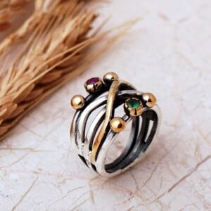 Handmade Gemstone 925 Sterling Silver Ring Vintage Boho Two Tone Ring