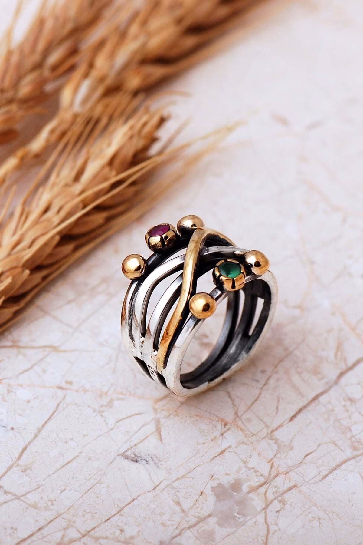 Handmade Gemstone 925 Sterling Silver Ring Vintage Boho Two Tone Ring