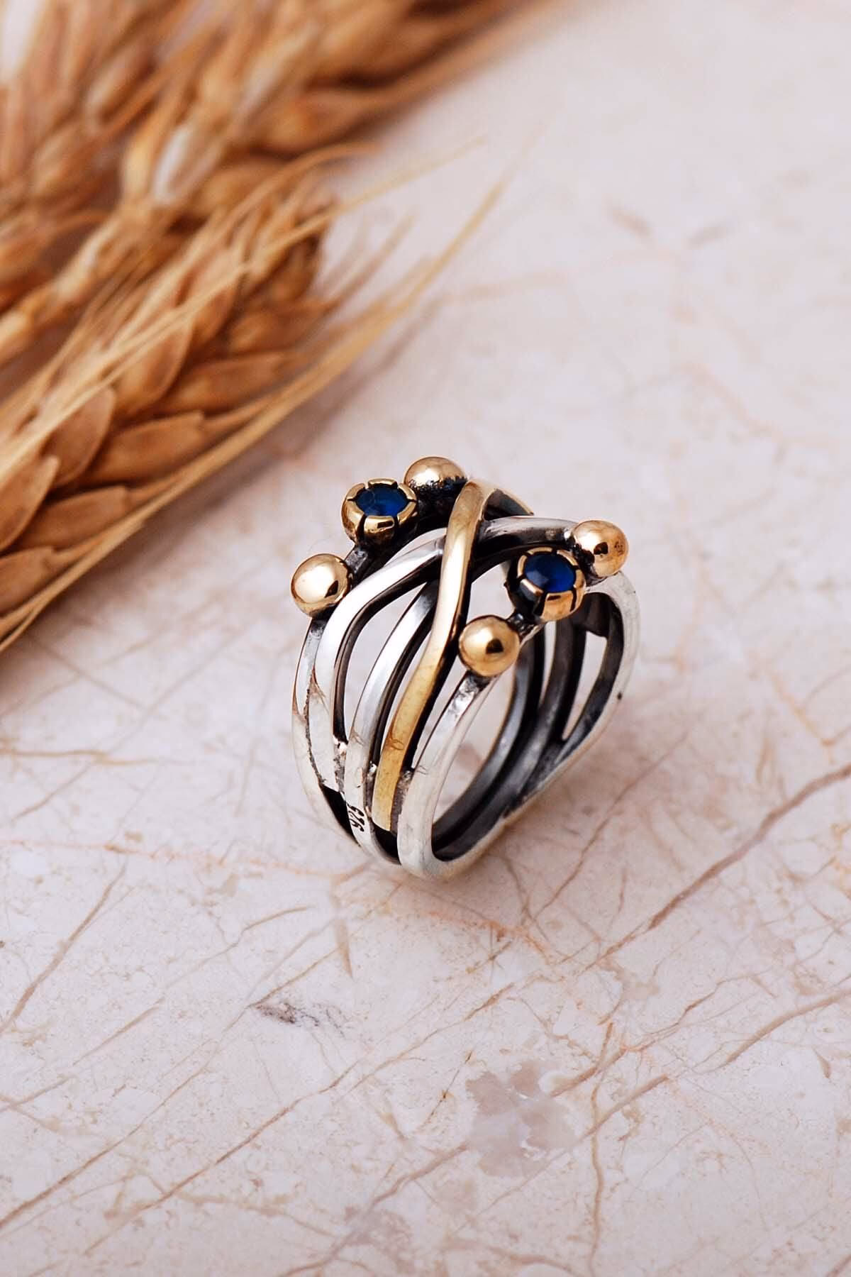 Handmade Gemstone 925 Sterling Silver Ring Vintage Boho Two Tone Ring - Image 3