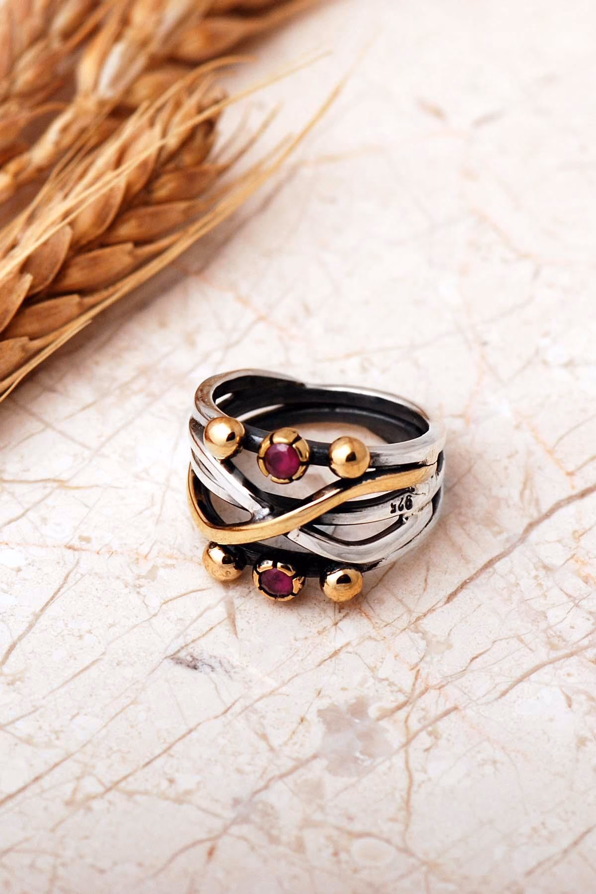 Handmade Gemstone 925 Sterling Silver Ring Vintage Boho Two Tone Ring - Image 8