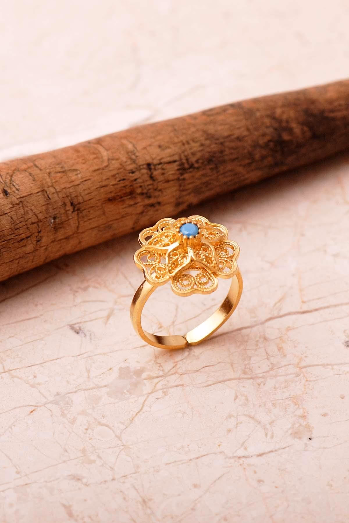 Handmade Gold Plated Flower Filigree Ring 925 Sterling Silver Adjustable Gemstone Ring - Image 2