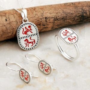 Handmade Enamel Pegasus Lion Silver Jewelry Set 925 Sterling Silver Ring Pendant Earrings Set