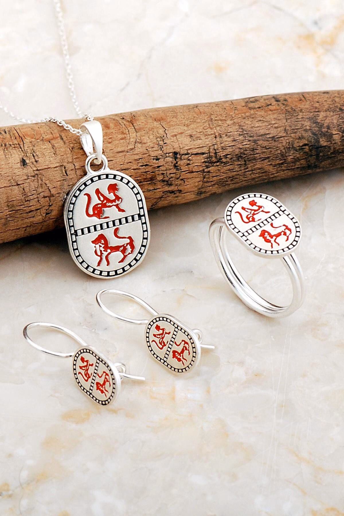 Handmade Enamel Pegasus Lion Silver Jewelry Set 925 Sterling Silver Ring Pendant Earrings Set
