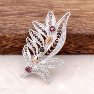 Handmade Filigree Root Ruby Flower Brooch 925 Sterling Silver Pin