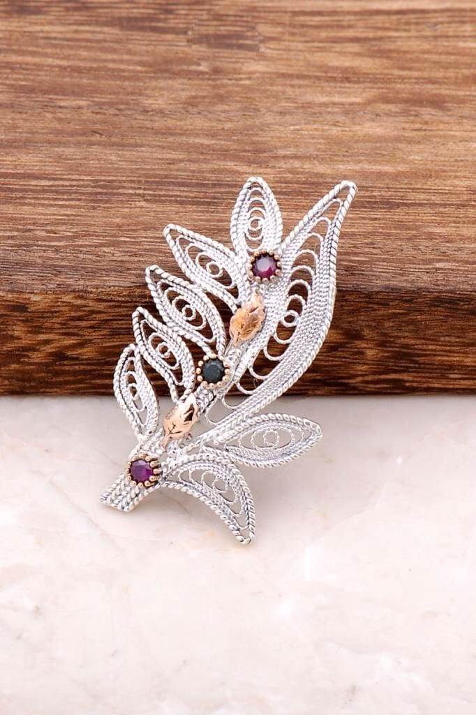 Handmade Filigree Root Ruby Flower Brooch 925 Sterling Silver Pin