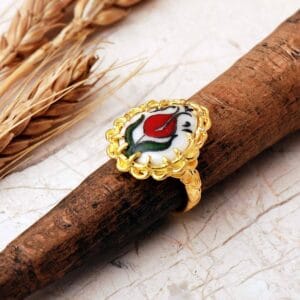 Handmade Gold Plated Ceramic Tulip Tile Art 925 Sterling Silver Teardrop Ring Adjustable Vintage Ottoman Style Jewelry