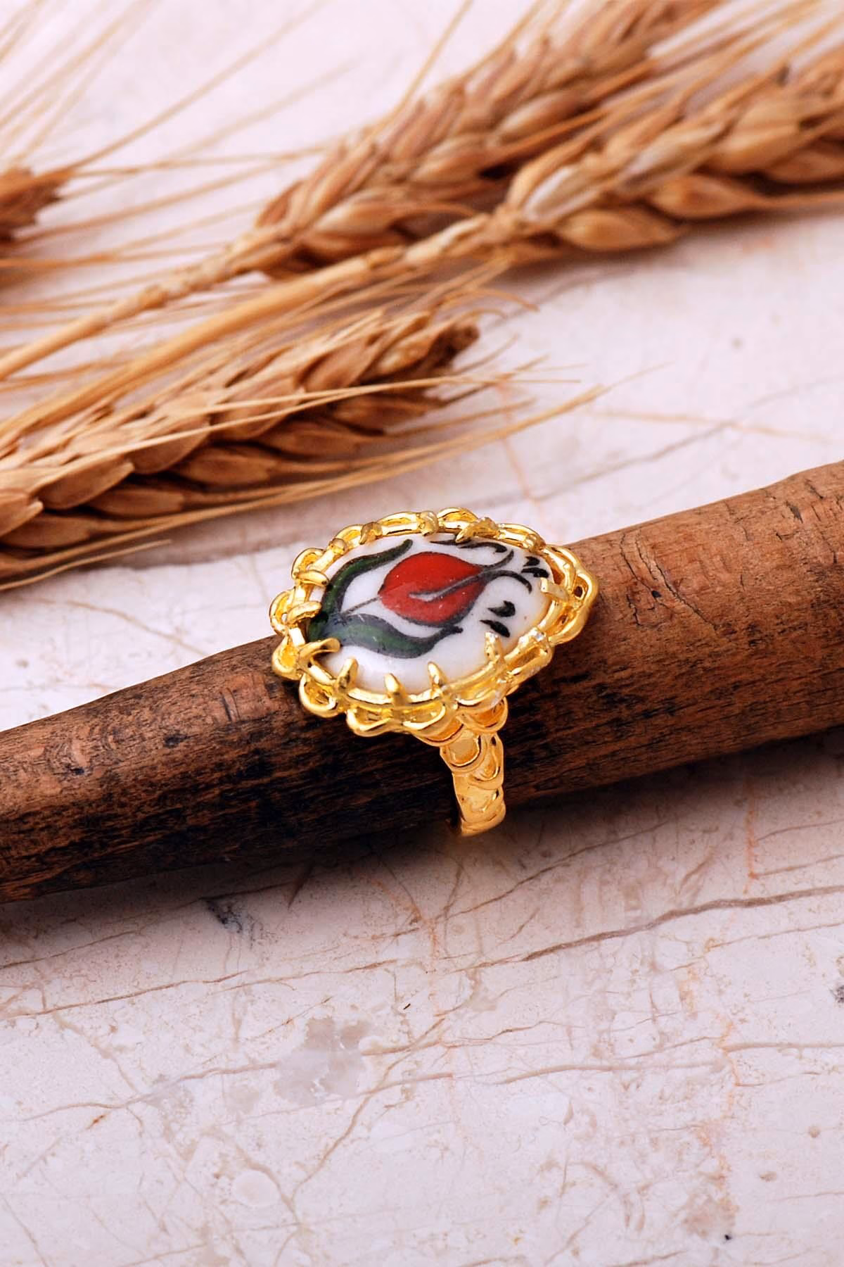Handmade Gold Plated Ceramic Tulip Tile Art 925 Sterling Silver Teardrop Ring Adjustable Vintage Ottoman Style Jewelry - Image 2