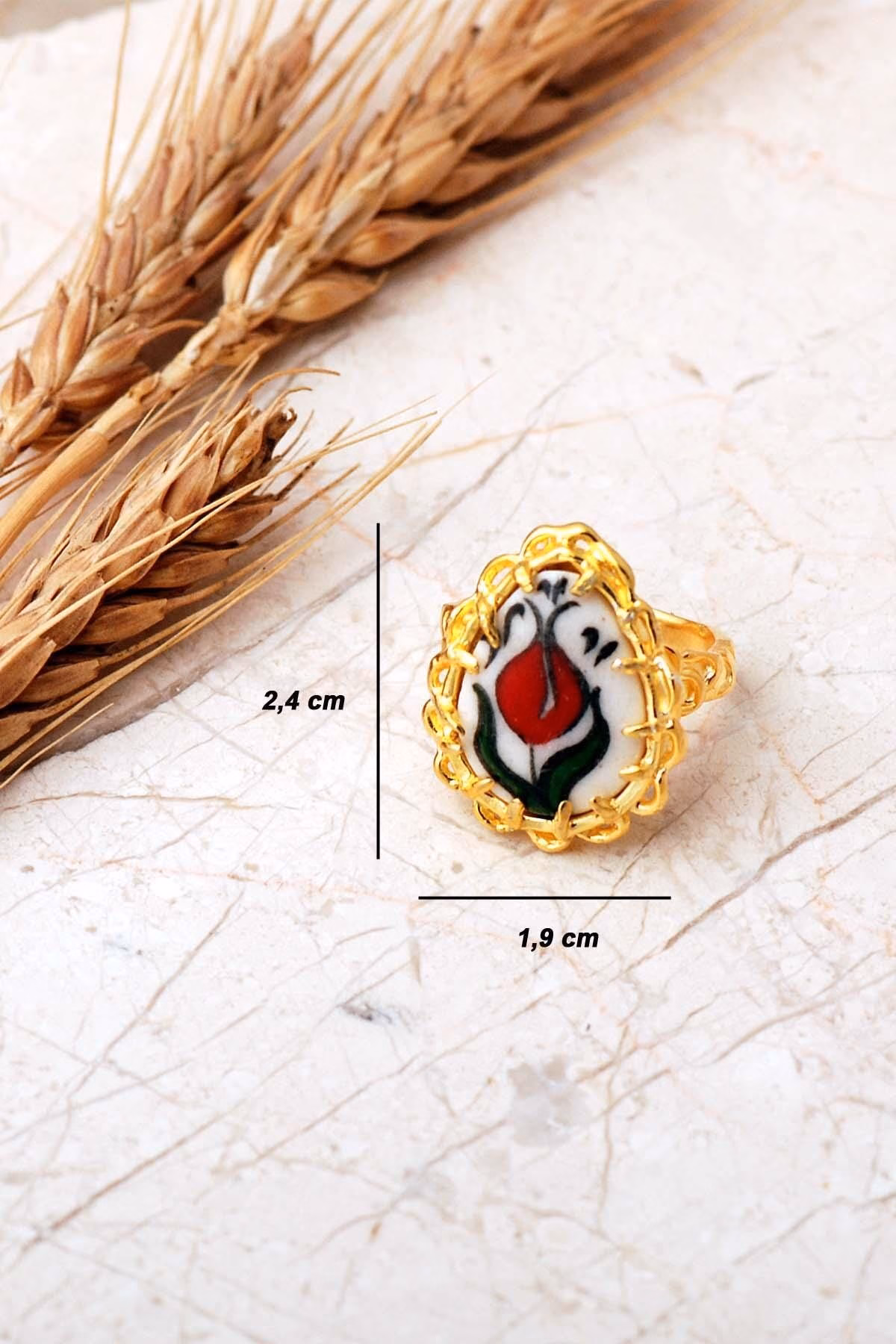 Handmade Gold Plated Ceramic Tulip Tile Art 925 Sterling Silver Teardrop Ring Adjustable Vintage Ottoman Style Jewelry - Image 3
