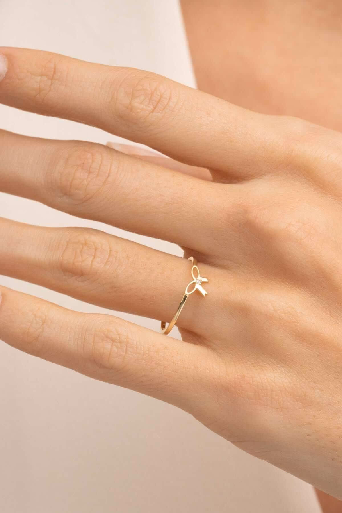 Handmade Dainty Bow Ring 925 Sterling Silver Gold Plated Minimalist Ring