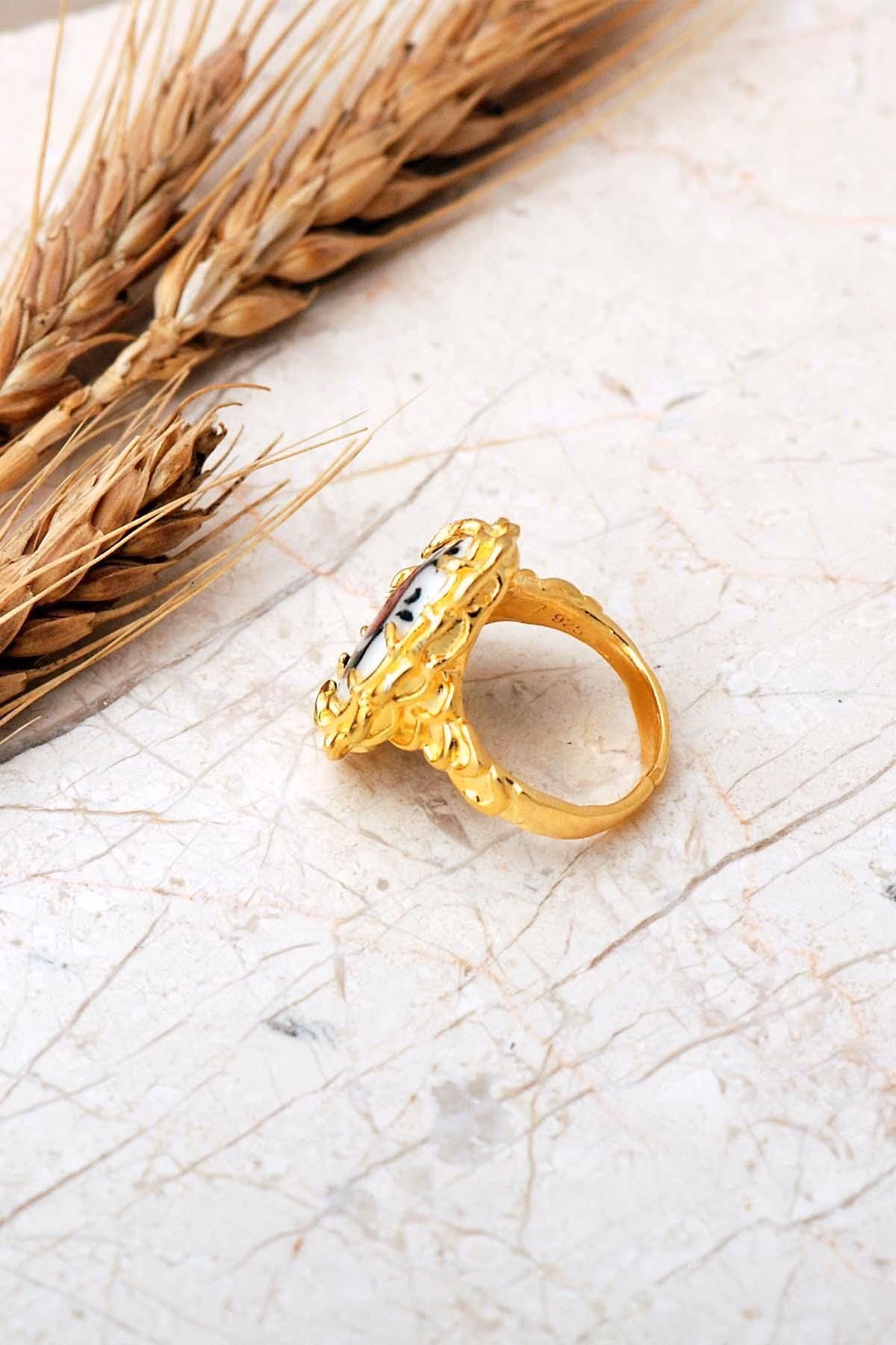 Handmade Gold Plated Ceramic Tulip Tile Art 925 Sterling Silver Teardrop Ring Adjustable Vintage Ottoman Style Jewelry - Image 4