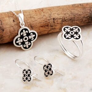 Handmade Clover Black Enamel 925 Sterling Silver Jewelry Set