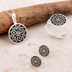 Handmade Anatolian Enamel 925 Sterling Silver Jewelry Set Black Antique Ring Necklace Earrings