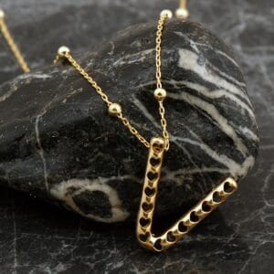 Gold Plated V Initial Letter Necklace 925 Sterling Silver Puffy Balloon Pendant with Mini Heart Double Sided Jewelry