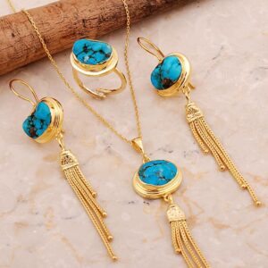 Handmade Turquoise Gold Plated 925 Silver Jewelry Set Filigree Art