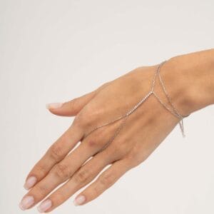 Handmade Tennis Design Rhodium Plated 925 Sterling Silver Hand Harness Ring Bracelet