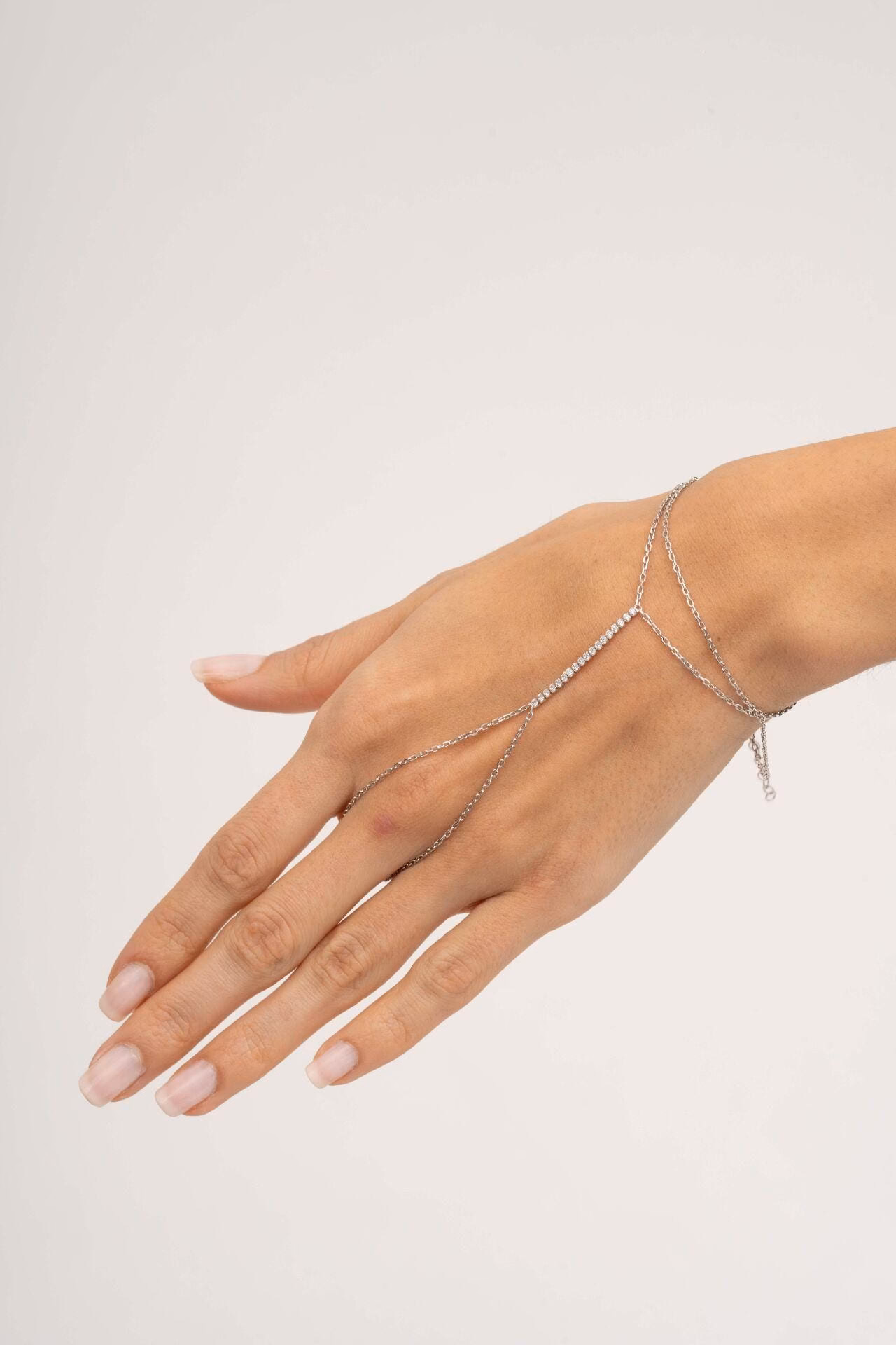 Handmade Tennis Design Rhodium Plated 925 Sterling Silver Hand Harness Ring Bracelet