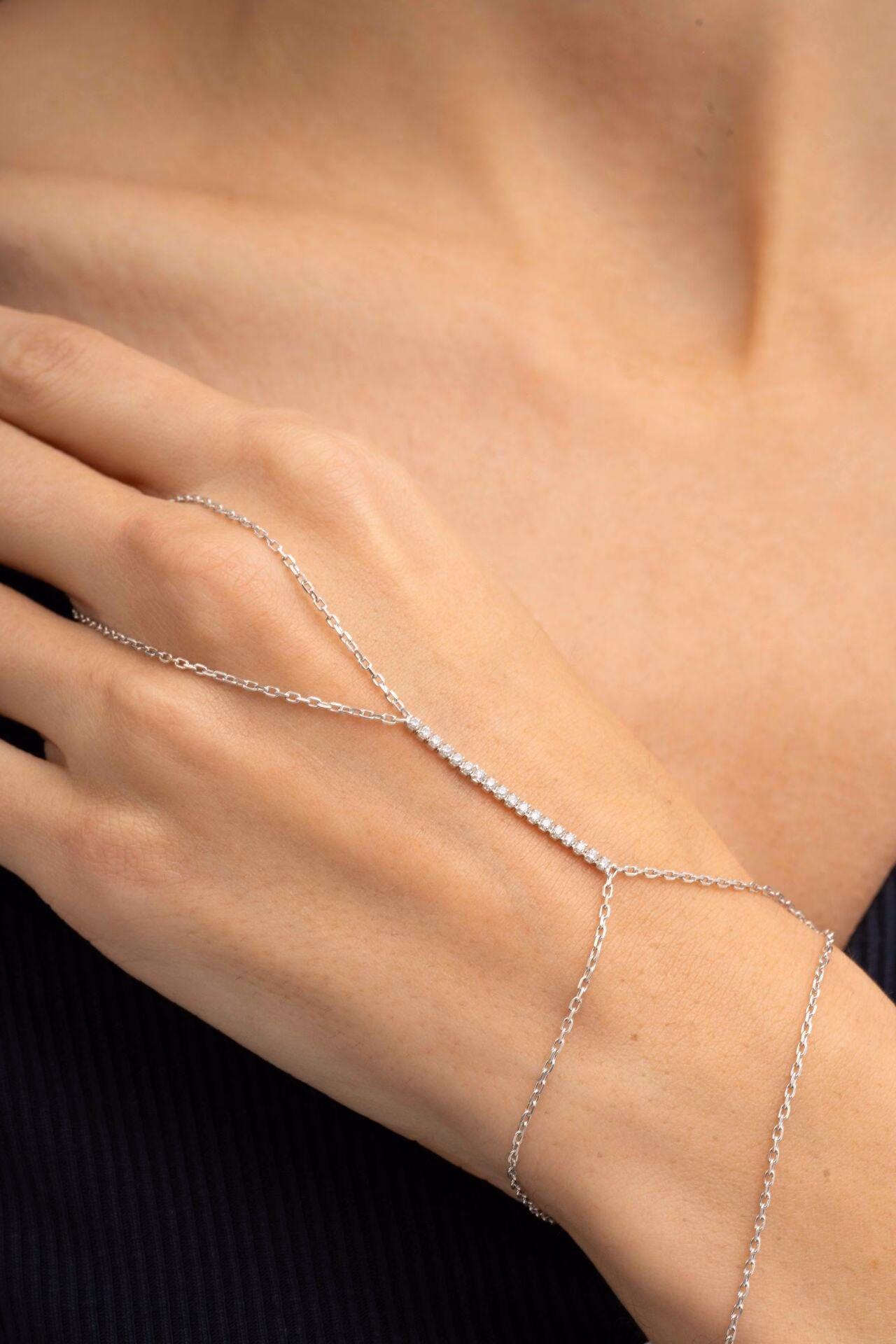 Handmade Tennis Design Rhodium Plated 925 Sterling Silver Hand Harness Ring Bracelet - Image 4