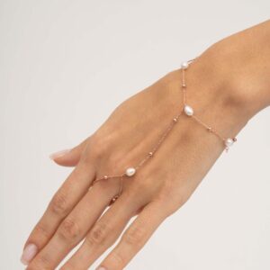 Natural Pearl Rose Gold Plated 925 Sterling Silver Hand Harness Ring Bracelet