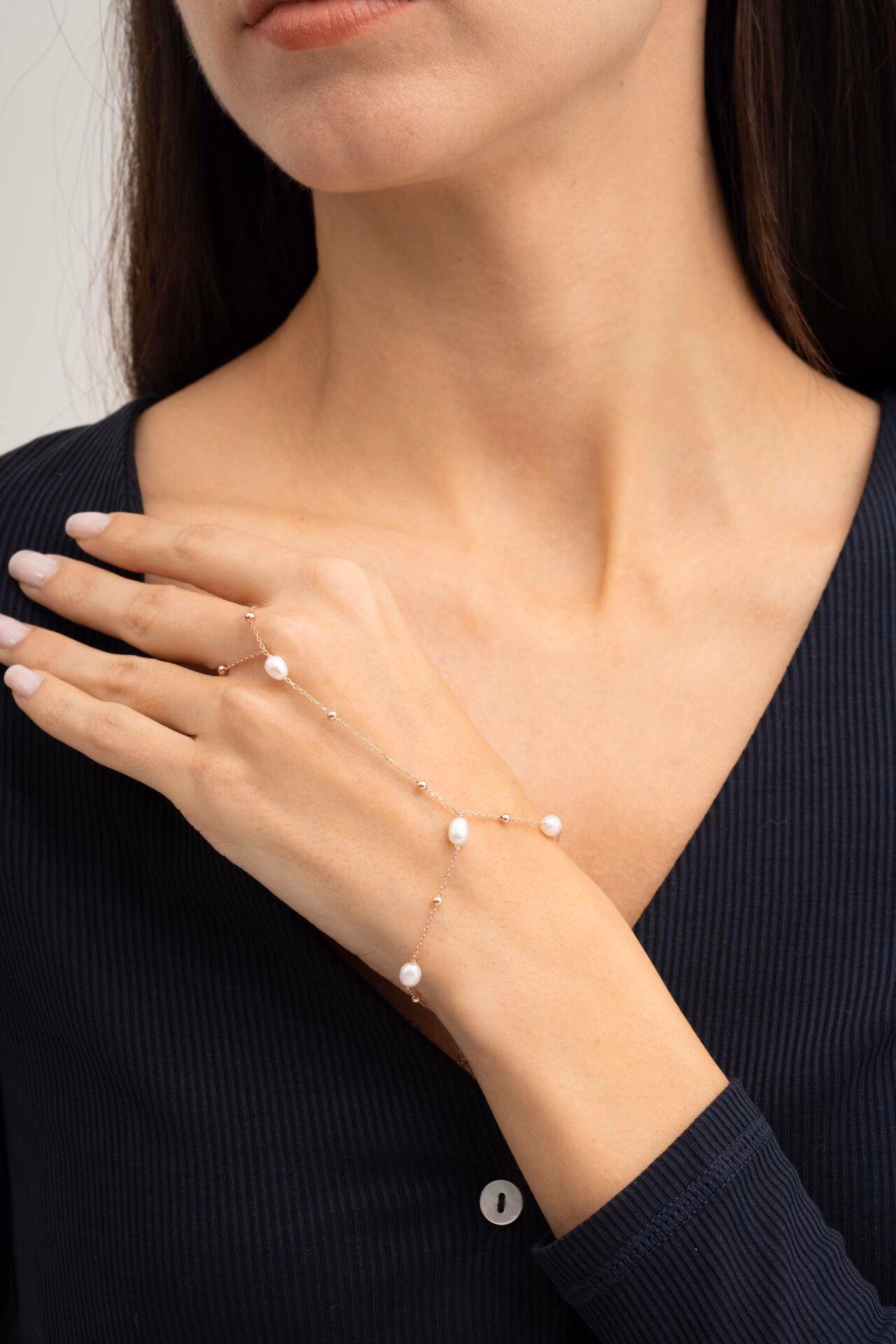 Natural Pearl Rose Gold Plated 925 Sterling Silver Hand Harness Ring Bracelet - Image 4