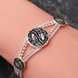 Handmade Midyat Woven Silver Tulip Bracelet 925 Sterling Silver Black Enamel Jewelry