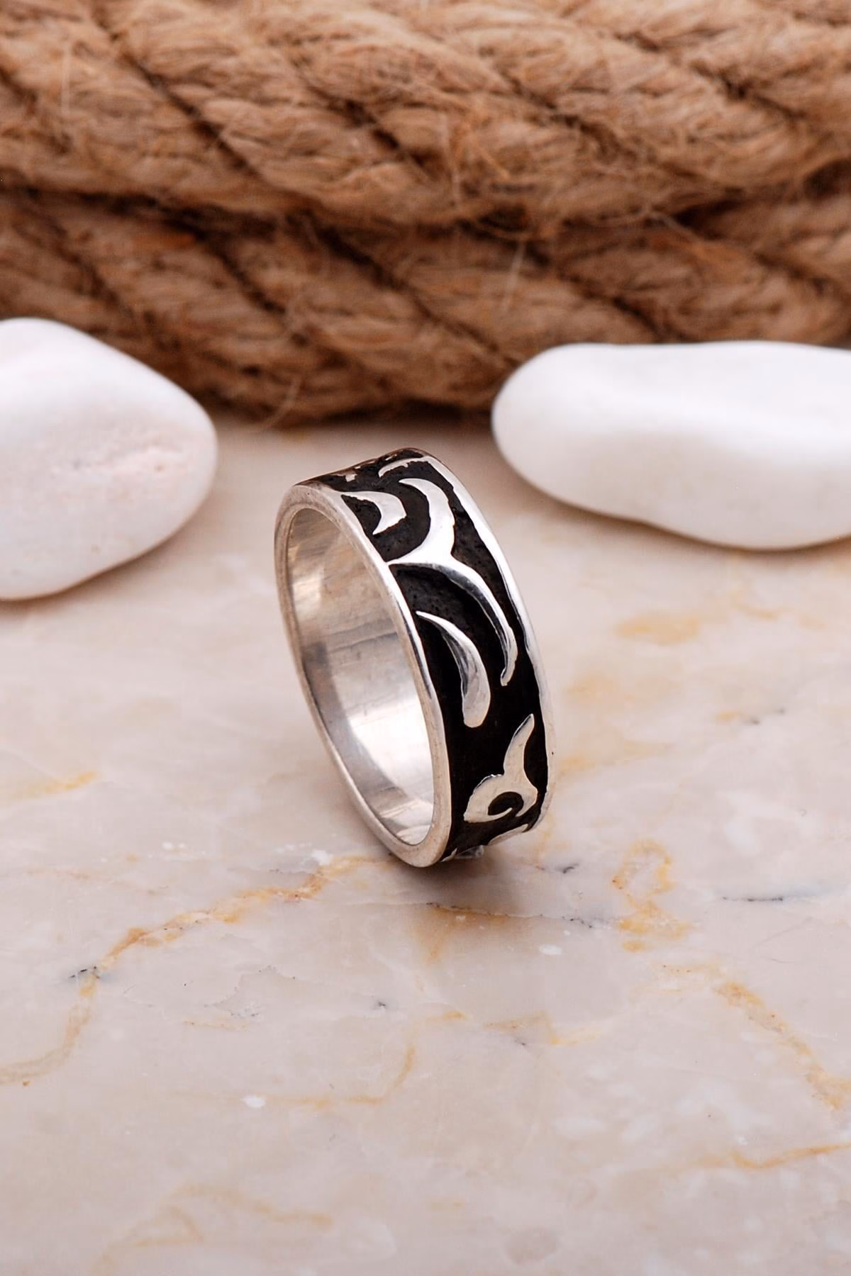 Handmade Engraved 925 Sterling Silver Ring White Gold Plated Band
