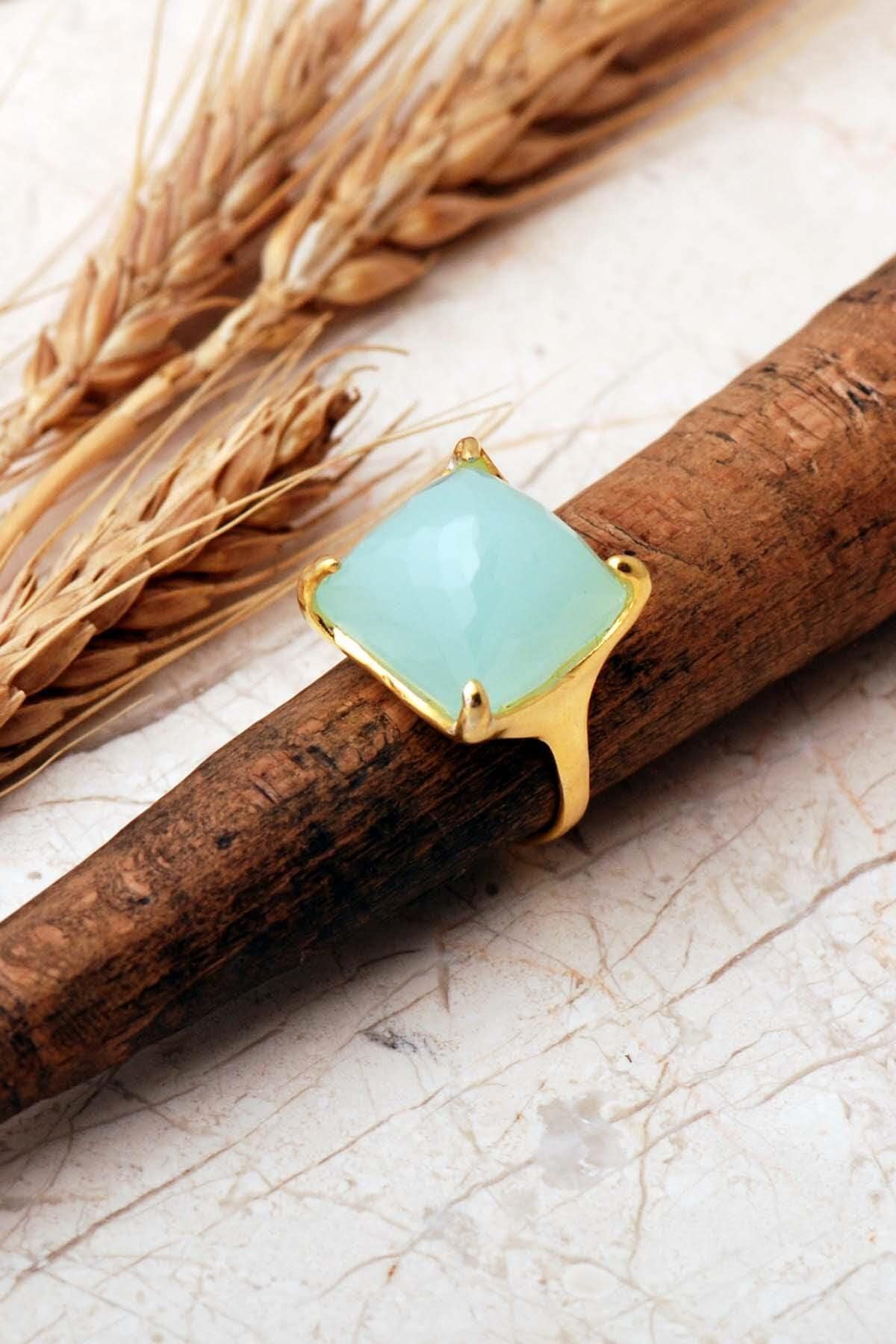 Handmade Gold Plated 925 Sterling Silver Square Gemstone Ring Adjustable Faceted Natural Stone Geometric Statement Ring