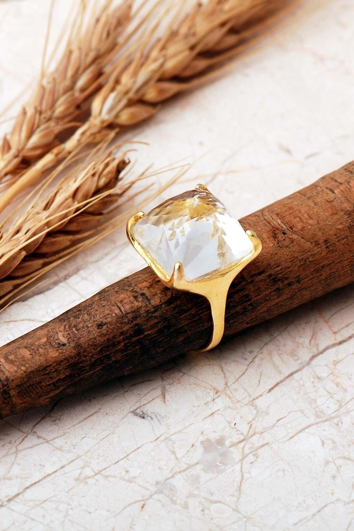 Handmade Gold Plated 925 Sterling Silver Square Gemstone Ring Adjustable Faceted Natural Stone Geometric Statement Ring - Image 3
