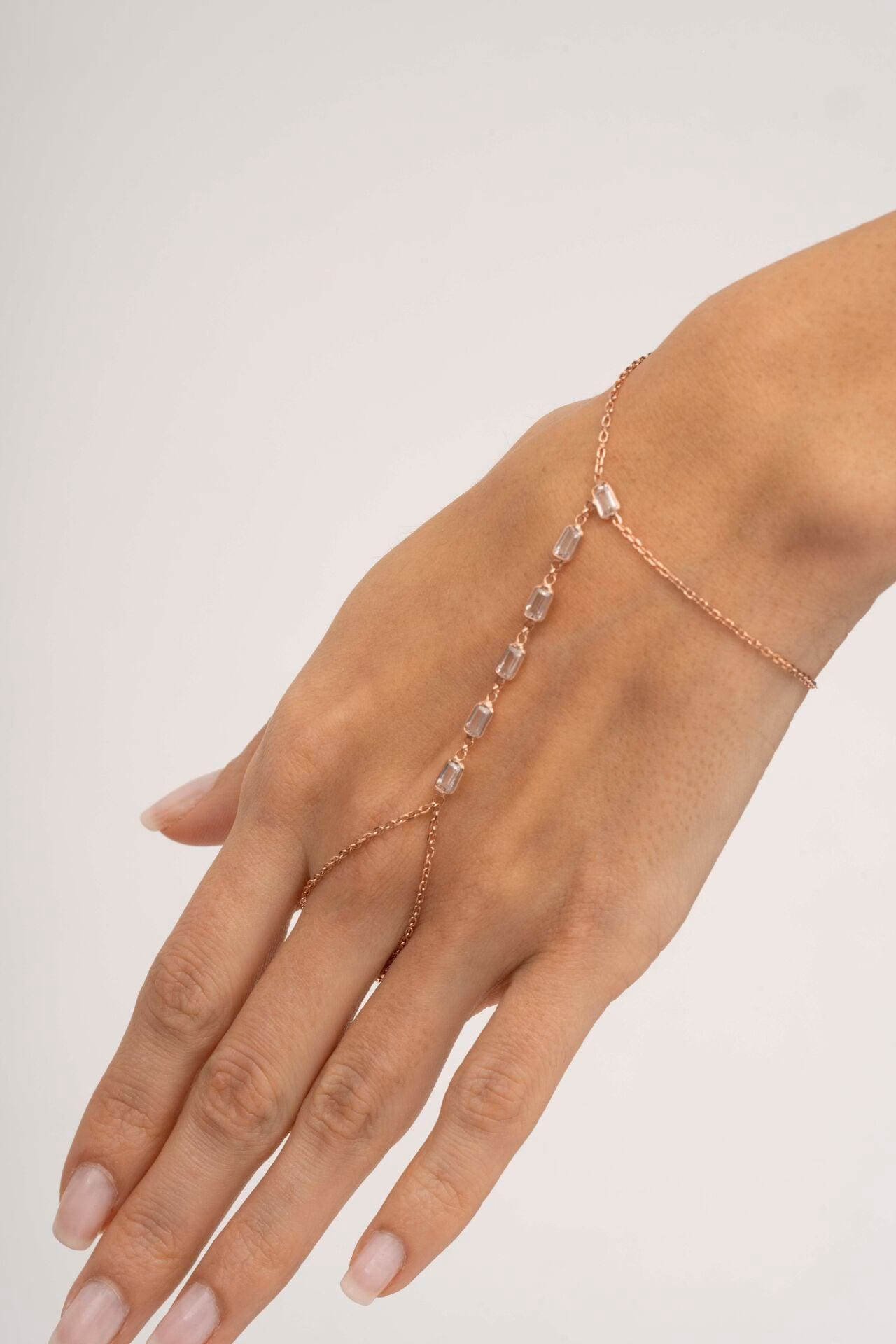 Handmade Baguette Zircon Rose Gold 925 Sterling Silver Hand Chain Bracelet Delicate Sahmeran Ring Bracelet