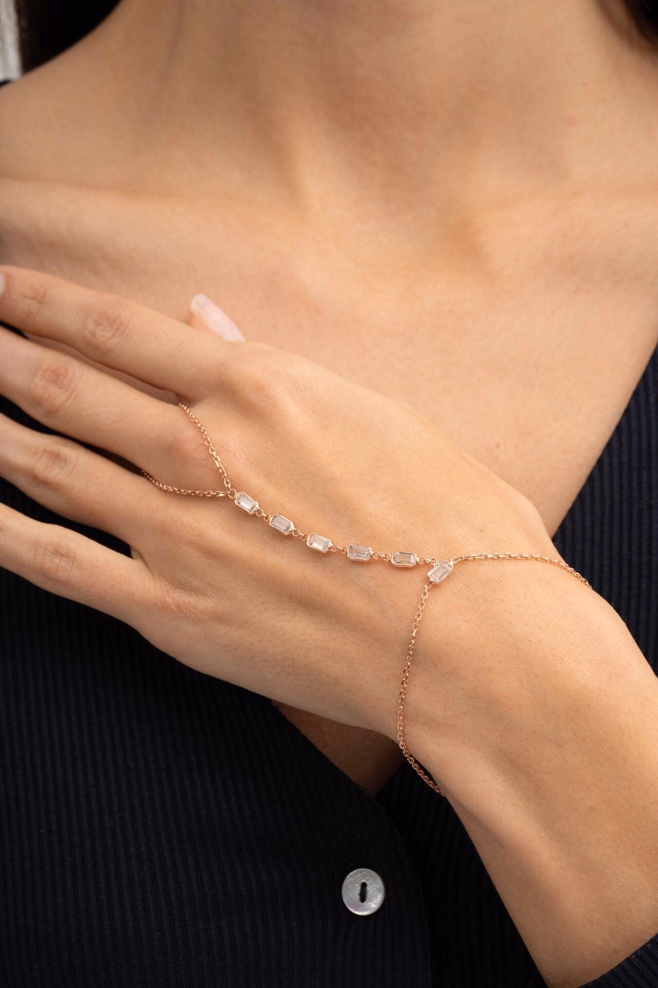 Handmade Baguette Zircon Rose Gold 925 Sterling Silver Hand Chain Bracelet Delicate Sahmeran Ring Bracelet - Image 2