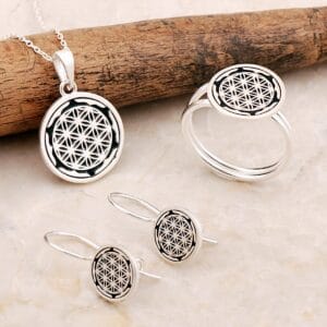 Handmade Flower of Life Silver Jewelry Set 925 Sterling Silver Black Enamel Ring Necklace Earrings Sacred Geometry Gift for Women