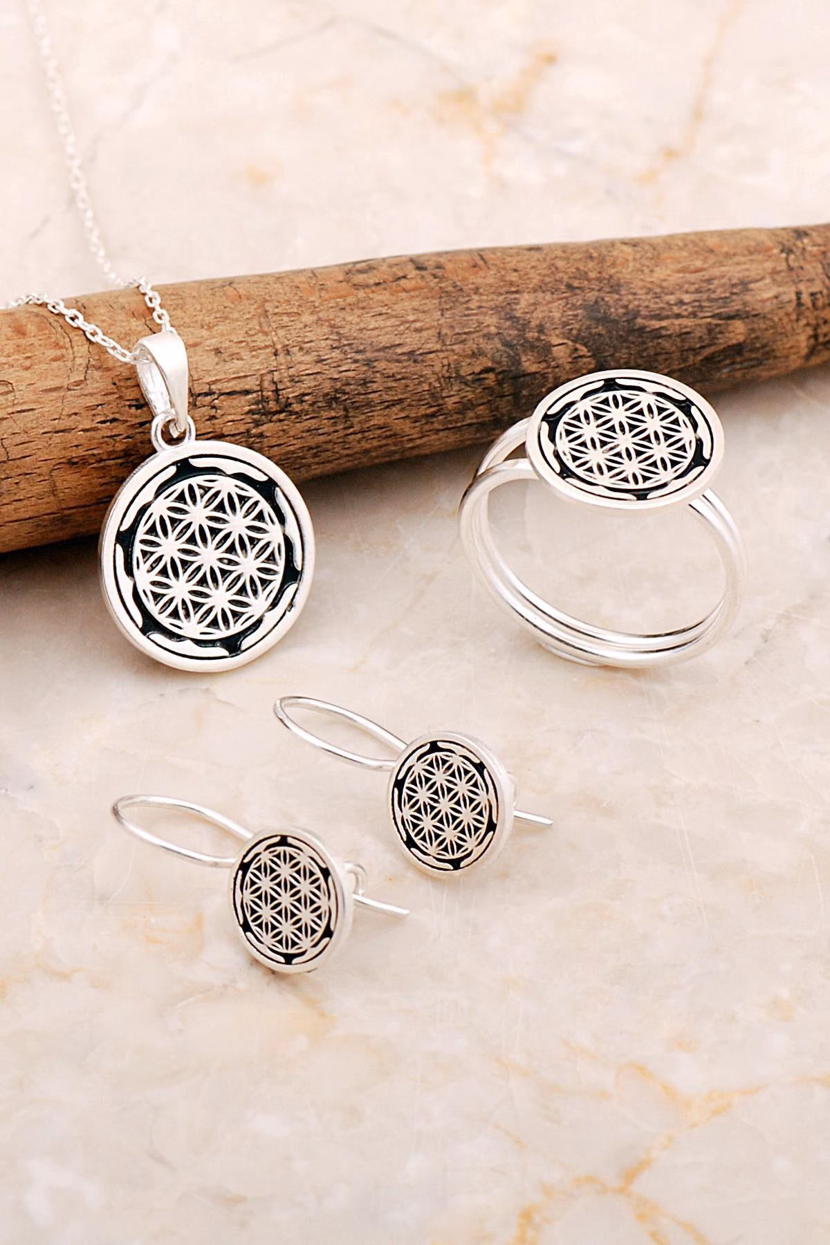 Handmade Flower of Life Silver Jewelry Set 925 Sterling Silver Black Enamel Ring Necklace Earrings Sacred Geometry Gift for Women
