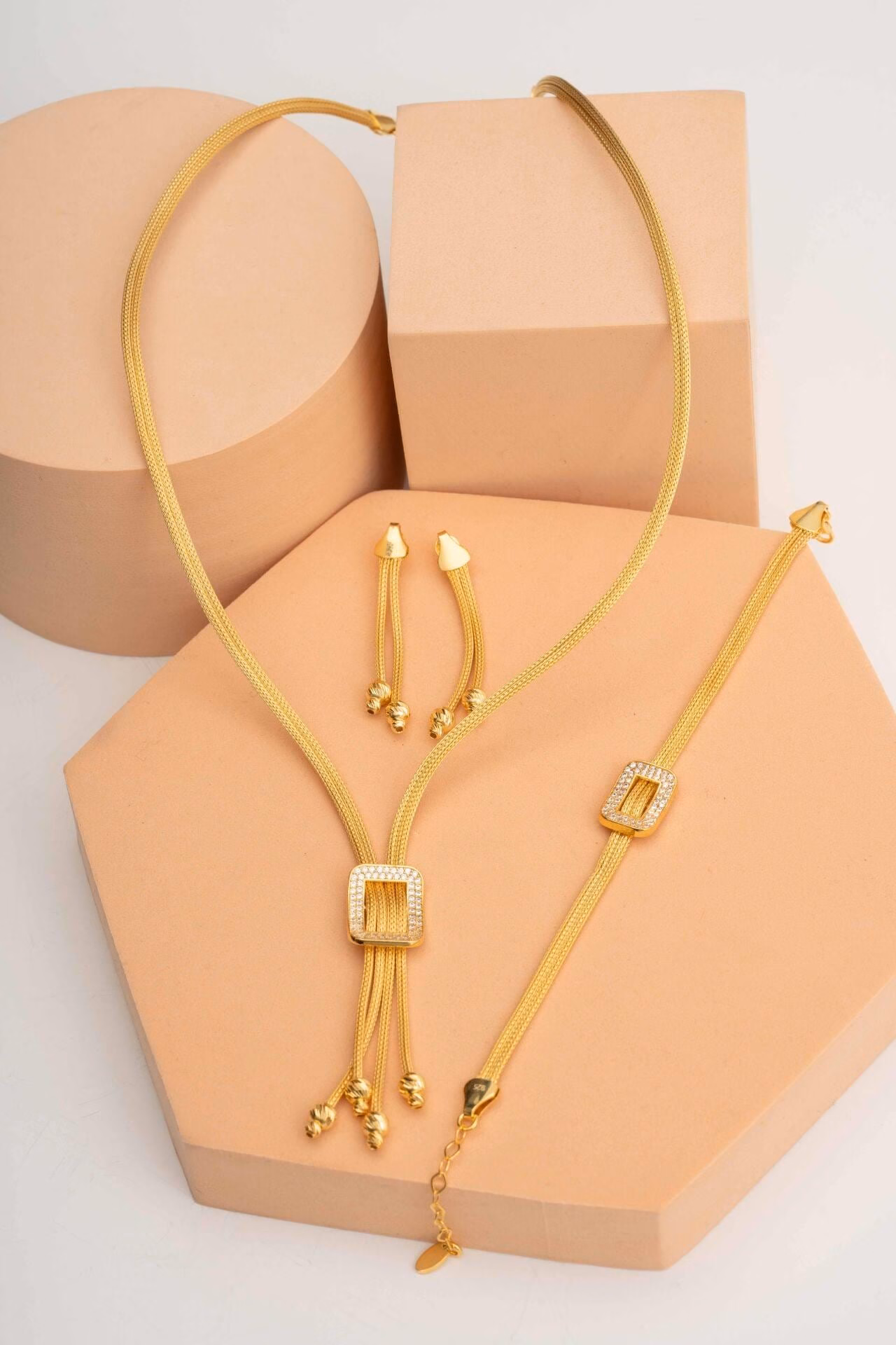 Handmade 22K Gold Plated 925 Sterling Silver Woven Jewelry Set Midyat Mesh Necklace Earrings Bracelet