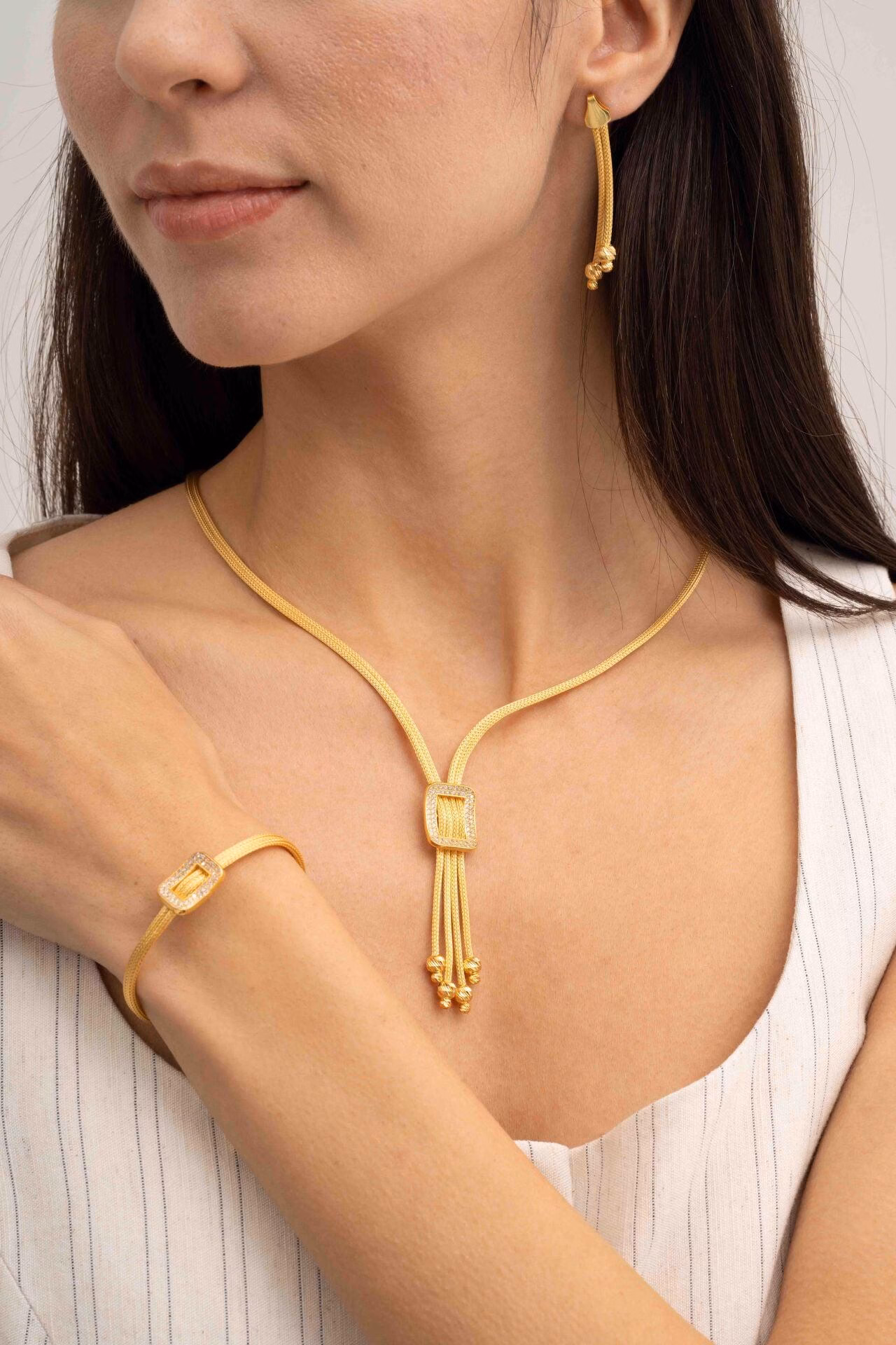 Handmade 22K Gold Plated 925 Sterling Silver Woven Jewelry Set Midyat Mesh Necklace Earrings Bracelet - Image 2