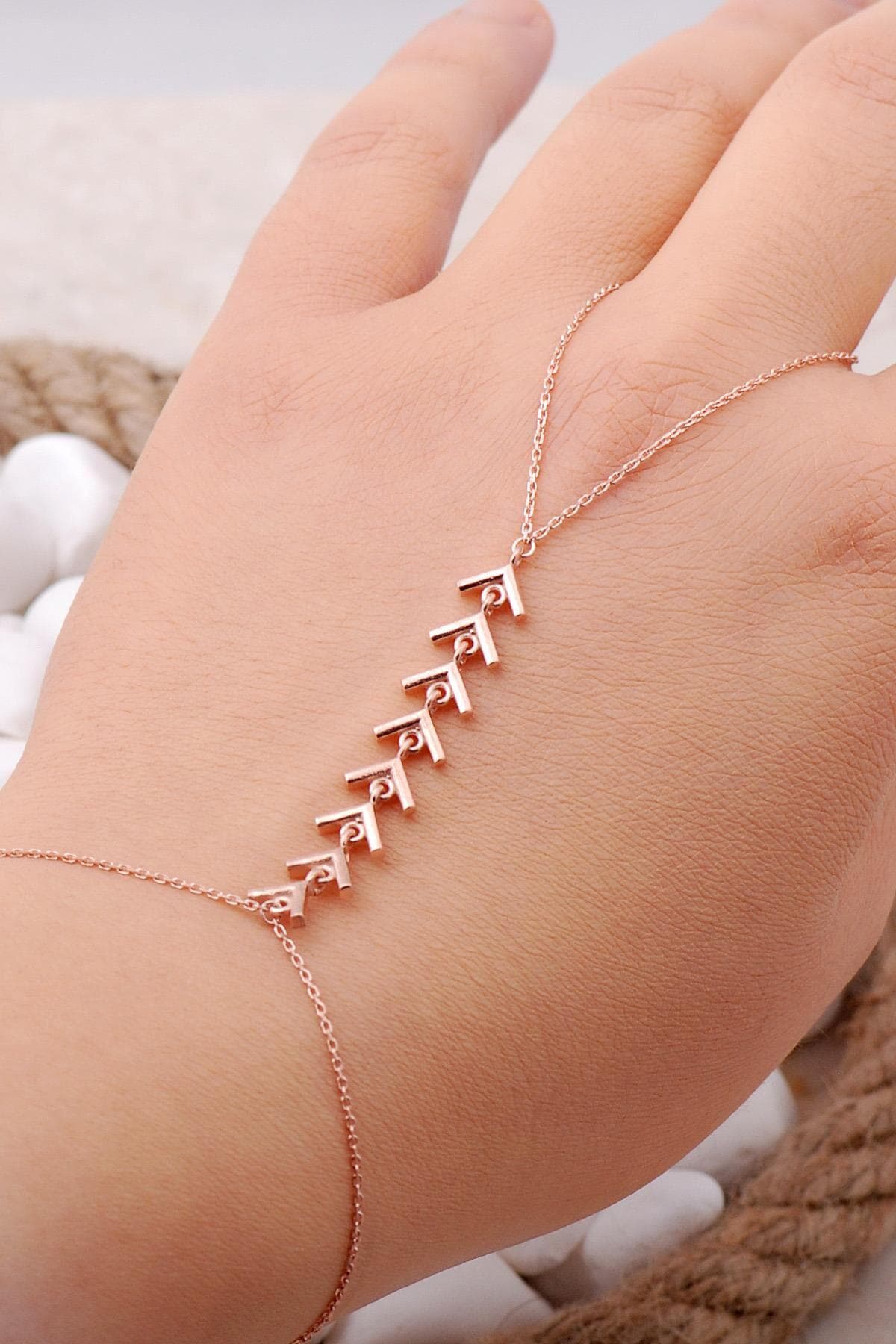 Rose Gold Herringbone Slave Bracelet 925 Silver Hand Harness Ring