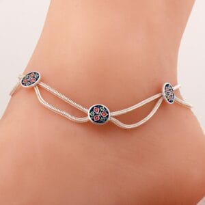 Handmade Anatolian Enamel Woven Midyat 925 Sterling Silver Anklet