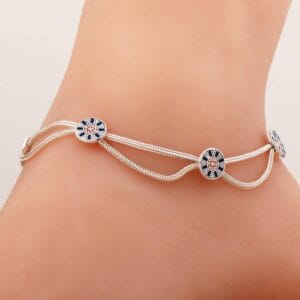 Handmade Anatolian Motif Enamel 925 Sterling Silver Woven Anklet