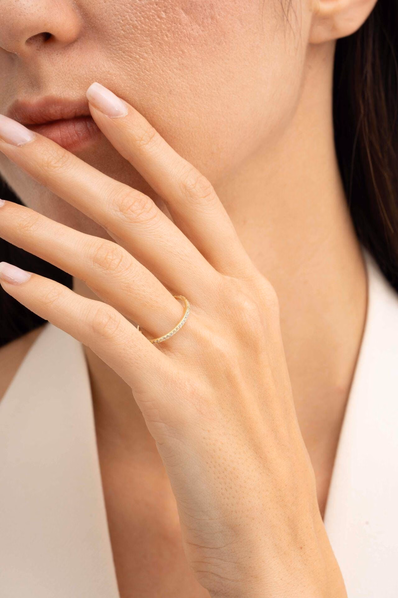 Handmade Gold Plated 925 Sterling Silver Half Eternity Ring Thin Zirconia Stacking Band - Image 4