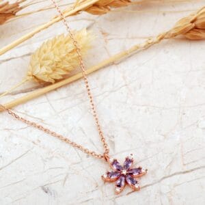 Handmade Amethyst Lotus Flower Necklace 925 Sterling Silver Rose Gold Plated Minimalist Pendant