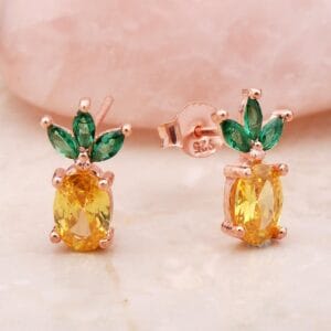 Handmade Rose Gold Pineapple Stud Earrings 925 Sterling Silver Topaz Jade Gemstone Mini Earrings