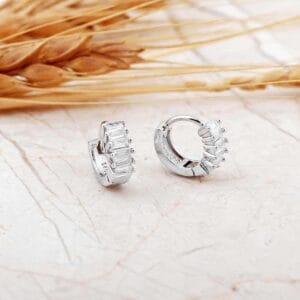Handmade Baguette Zircon Mini Hoop Earrings 925 Sterling Silver Small Huggies for Kids Second Hole
