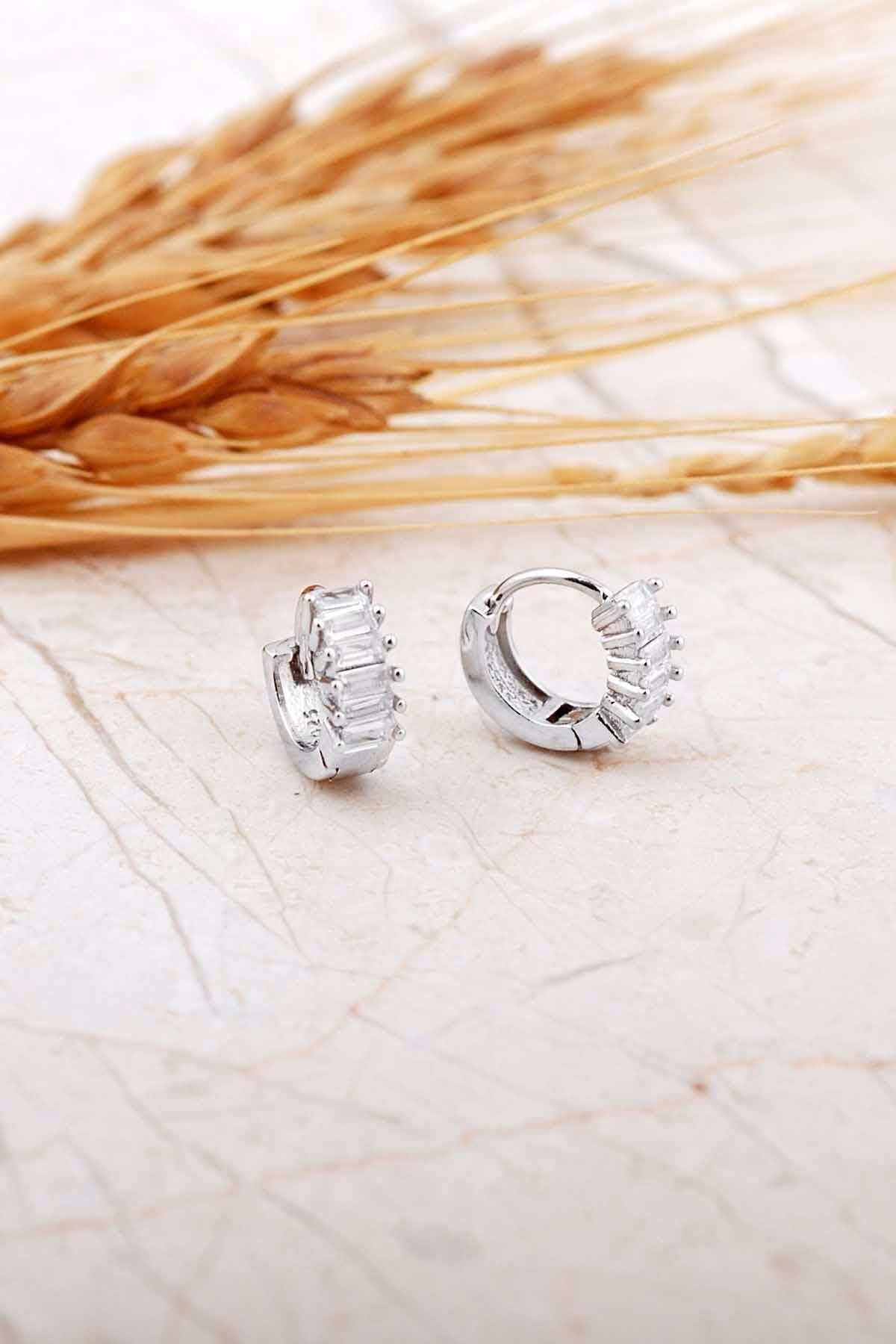 Handmade Baguette Zircon Mini Hoop Earrings 925 Sterling Silver Small Huggies for Kids Second Hole