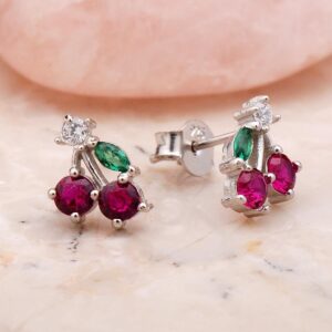 Handmade Cherry Stud Earrings 925 Sterling Silver Dainty Fruit Jewelry