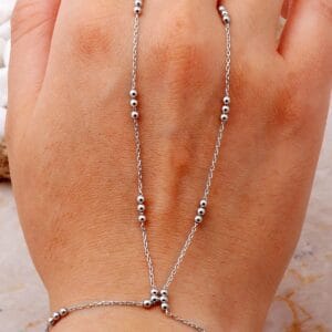 Handmade Beaded 925 Sterling Silver Hand Chain Bracelet White Gold Rhodium Plated Dainty Slave Bracelet Boho Hand Harness